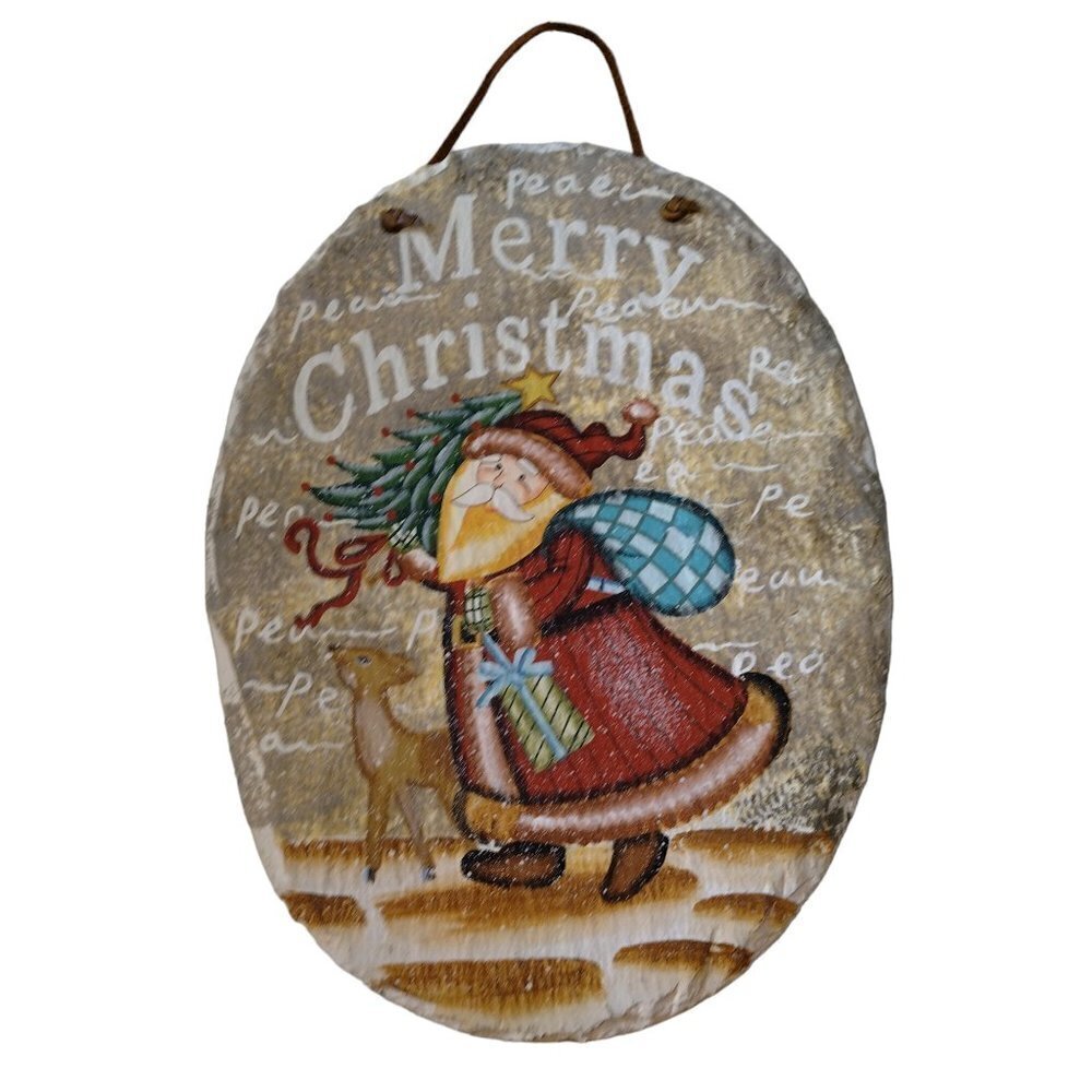 Slate Hanging Merry Christmas Santa 12 1/2" x 9" Oval Painted Wall Hanging CB3